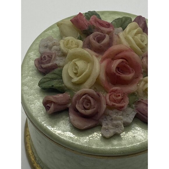 Handcrafted Dezine Floral Ceramic Trinket Box With Lid - Pastel Roses & Gold Tri - Picture 4 of 12